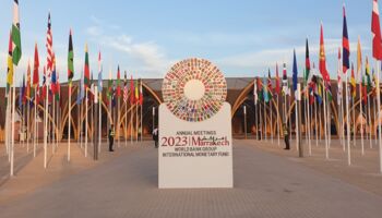 Eingang zum Jahrestreffen der Weltbank und des Internationalen Währungsfonds in Marrakesch, 2023