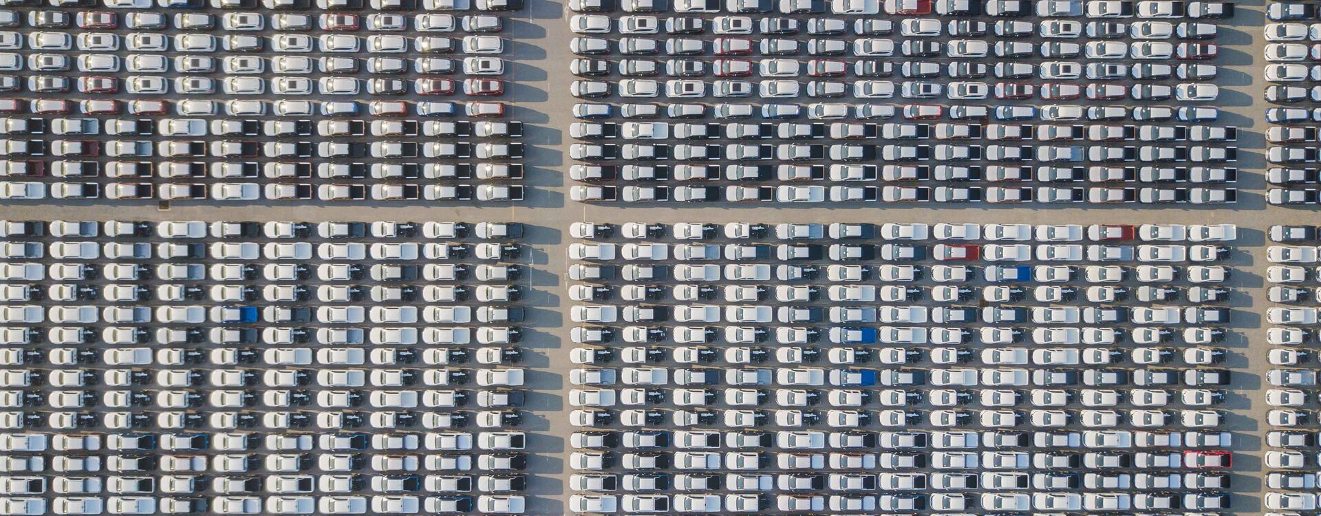 Top view of many new cars from the factory that are exported to the world