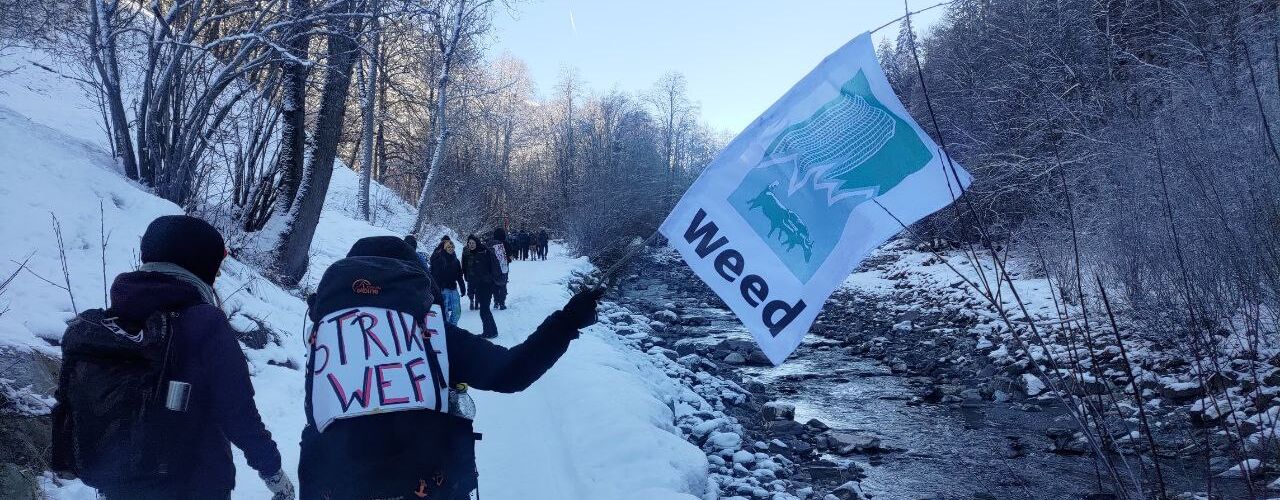WEF-Protestzug durch beschneite Schweizer Berge