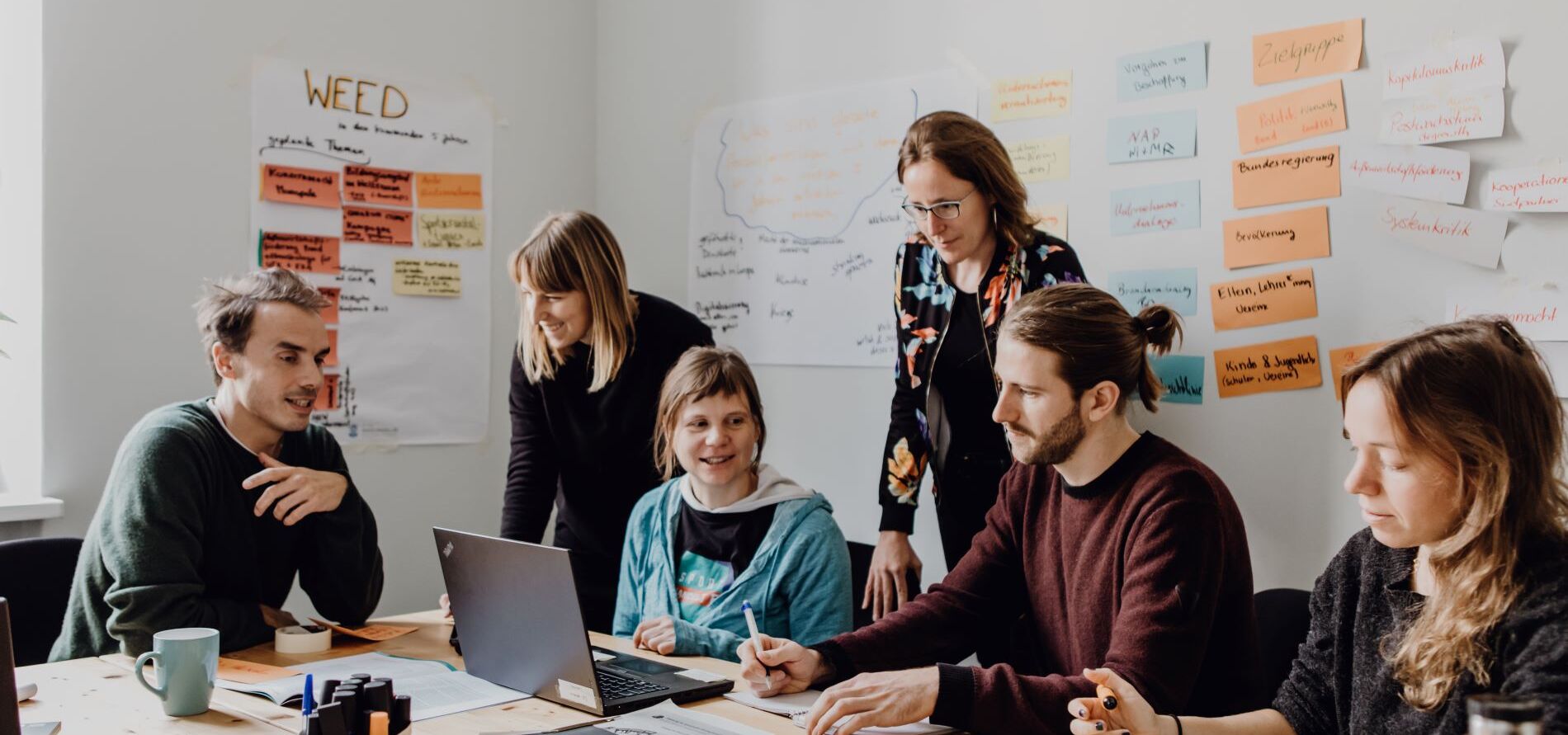 Das Team von WEED sitzt zu sechst am Tisch und erarbeitet eine Strategie.