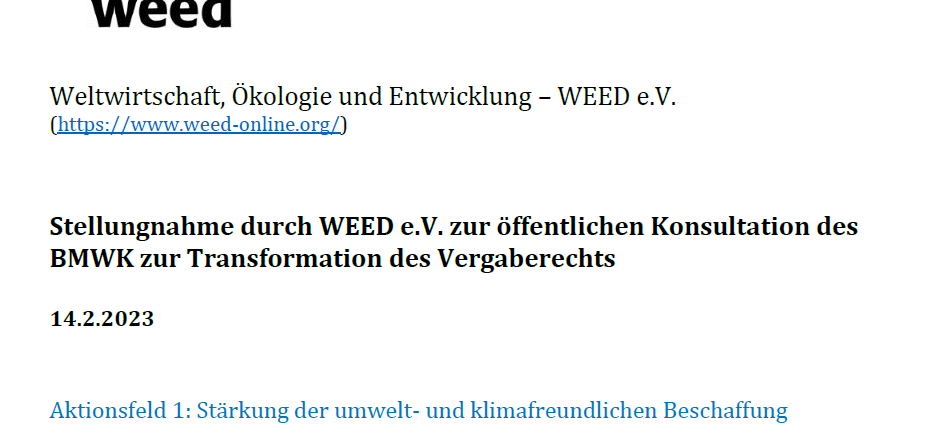 Stellungnahme von WEED zur Transformation des Vergaberechts Link zur Stellungnahme von WEED zur Transformation des Vergaberechts